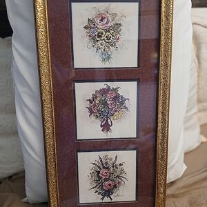 Home Interior Peggy Abrams Floral 3 separate arrangements maroon ornate signed